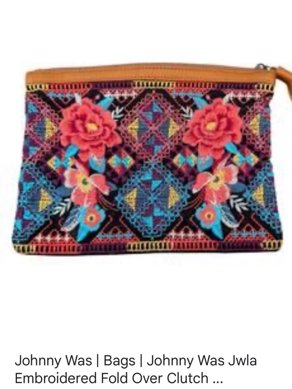 Johnny Was Coral Floral Embroidered Zip Wristlet Clutch